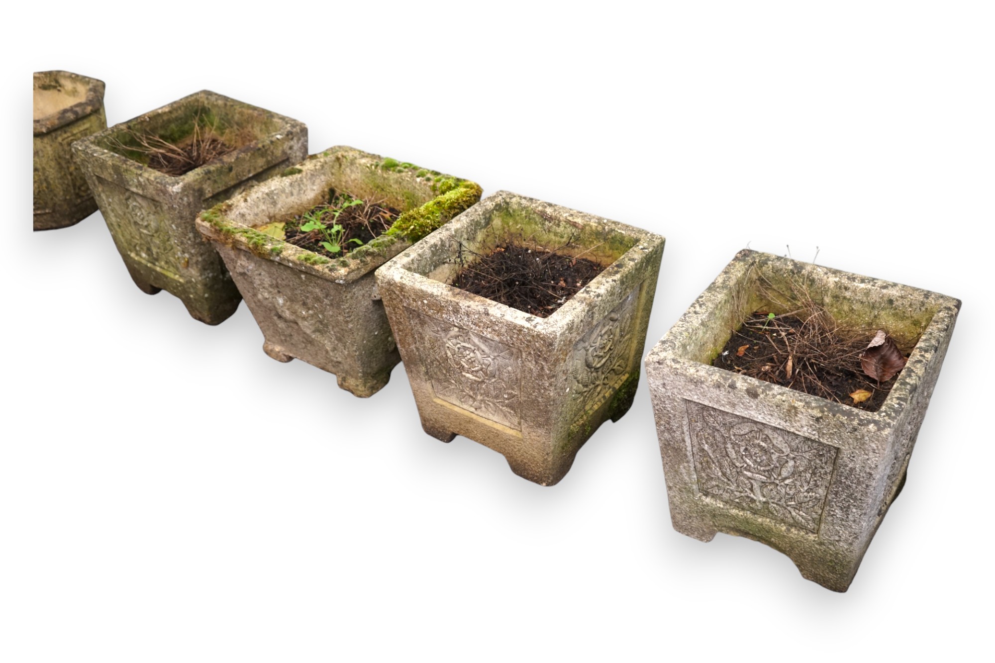 A set of three reconstituted stone garden planters, decorated with Tudor roses, 36cm sq., 37cm high, and a single square planter moulded in relief with a horse